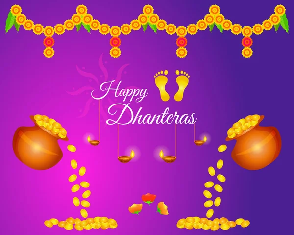 Happy Dhanteras Γιορτή Ευχετήρια Διάταξη Χρυσά Νομίσματα Και Διακοσμητικά Στοιχεία — Διανυσματικό Αρχείο