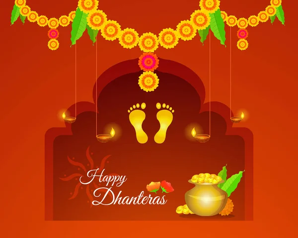 Happy Dhanteras Γιορτή Ευχετήρια Διάταξη Χρυσά Νομίσματα Και Διακοσμητικά Στοιχεία — Διανυσματικό Αρχείο