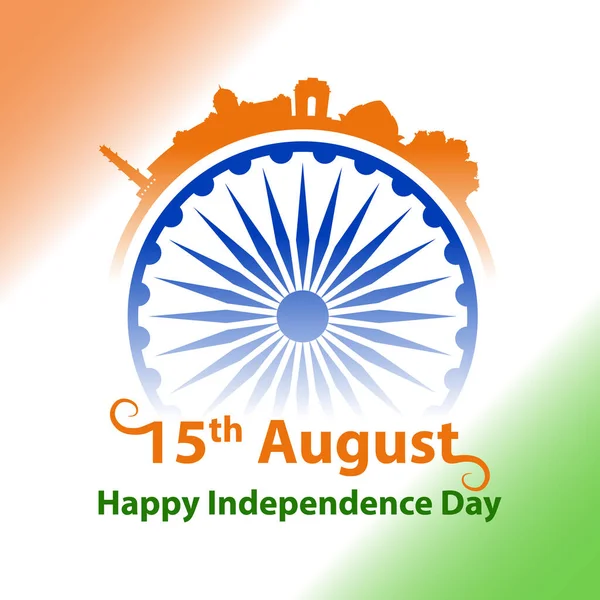 Szczęśliwego Dnia Niepodległości Indie Trójbarwną Flagą Czakrą Jesionu Pozdrawiając Układ — Wektor stockowy