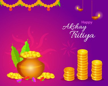 Happy Akshay Tritiya festival greeting layout with gold coins and kalash with decorative elements. Vector illustration. clipart