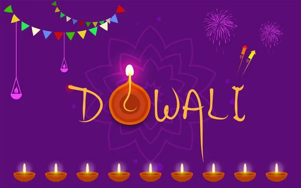 Happy Diwali Χαιρετίζοντας Πρότυπο Πανό Diya Και Διακοσμητικά Στοιχεία Για — Διανυσματικό Αρχείο