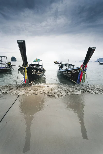 Tayland 'daki Railay plajında iki uzun kuyruklu tekne.