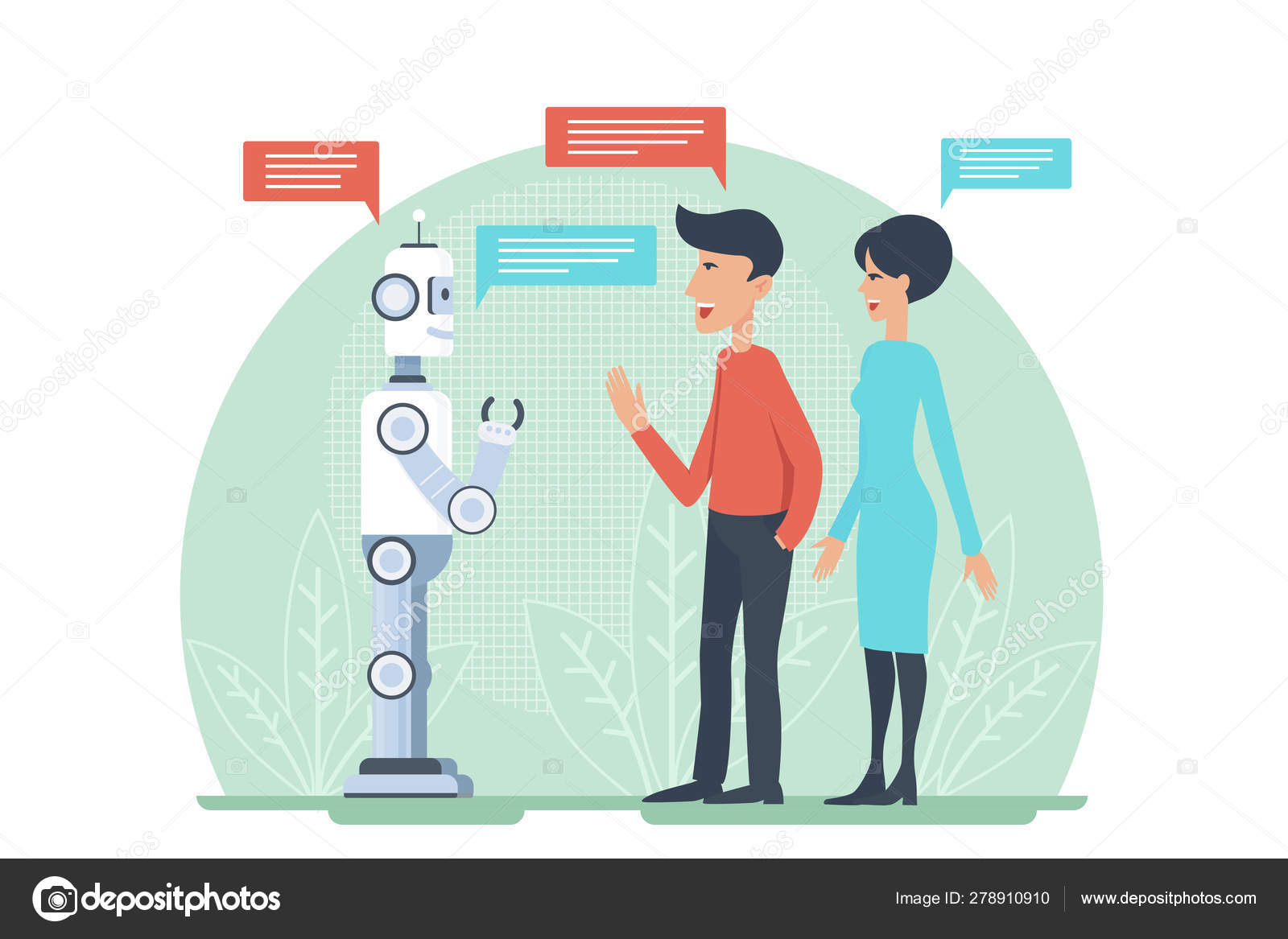Man And Woman Greeting And Speaking With Artificial Intelligence Android Robot Vector Illustratrion Ai Cooperation Vector Image By C Denyshutter Vector Stock 278910910