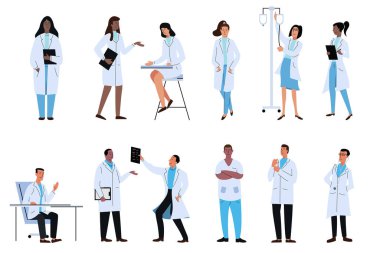 Doktorlar karakter seti hastanede izole iş görevleri gerçekleştiren sağlık çalışanları. Erkek ve kadın doktorlar. Tıbbi ekip kavramı vektör illüstrasyon