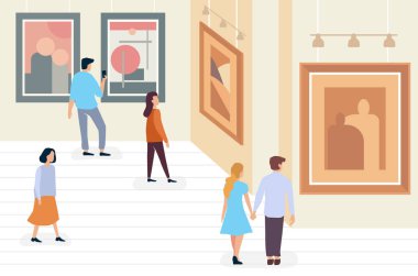 Sergi ziyaretçileri, çağdaş sanat galerisi müzesinde yürüyen ve modern soyut resimlere bakan insanları minimalist vektör illüstrasyonuna davet ediyor..