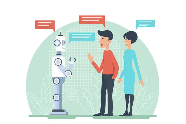 Homem e mulher cumprimentando e falando com inteligência artificial robô android vector illustratrion. Cooperação em IA . — Vetor de Stock