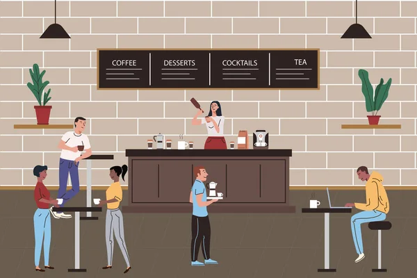Interiér kavárny nebo restaurace s relaxačně postiženým. Barista dělá a servíruje kávový vektor kreslené ploché ilustrace. — Stockový vektor