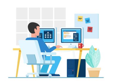 Erkek kodlayıcı, erkek programcı ofis vektör illüstrasyon proje üzerinde çalışırken iki monitör ile bilgisayar kullanarak.