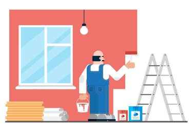 Modern dairede yenileme sırasında üniforma boyama duvarları kiralanan adam. Ev veya web sitesi tamir konsept vektör illüstrasyon.