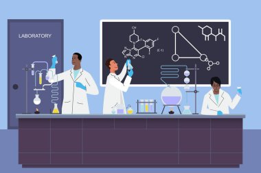 Laboratuvar genç bilim adamları asistanları bilimsel tıbbi kimyasal veya biyolojik laboratuvar deneyleri vektör illüstrasyon yapıyor çalışmak.