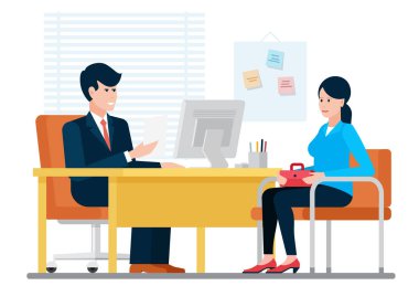 Woman having a job interview recruiting with hr businessman while sitting near desk in office vector illustration. clipart