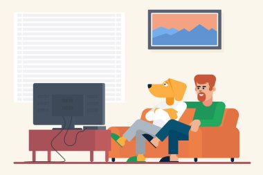 Antropomorfik köpek dostum kanepede oturan ve evde vektör illüstrasyon Tv'de film izlerken sakallı adam.