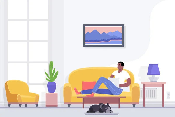 Joven afroamericano hombre descansando y relajándose en casa tumbado en cómodo sofá en la sala de estar utilizando el ordenador portátil, disfrutando de tiempo libre solo, procrastinación plana vector ilustración . — Vector de stock