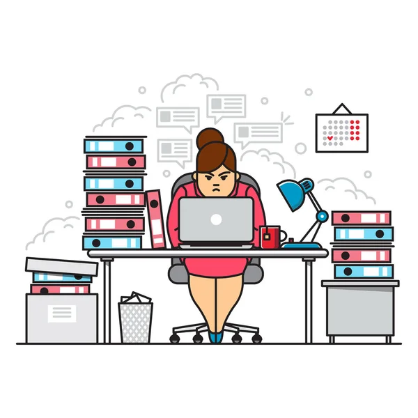 Ocupada, cansada e irritada mulher trabalhadora usando laptop enquanto se senta em meio a pastas com documentos no escritório durante o horário de ponta . —  Vetores de Stock