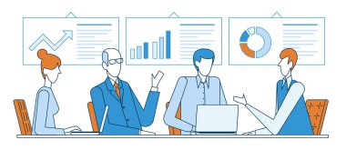 Ofis düz çizgi vektör illüstrasyon konferans sırasında masada otururken grafikleri tartışan iş ortakları grubu.