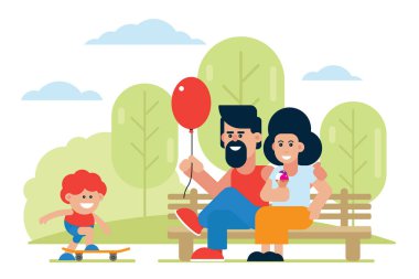 Balon ve dondurma ile neşeli anne oğlu kaykay sürme bakıyor. Pozitif aile birlikte zaman geçirmek vektör illüstrasyon.