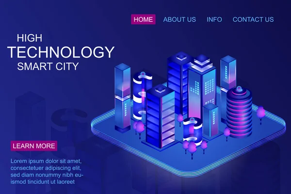 Smart city with business center skyscrapers. isometric illustration. Intelligent smart buildings. Computer blockchain network model. Internet of things concept vector illustration. — Stock Vector