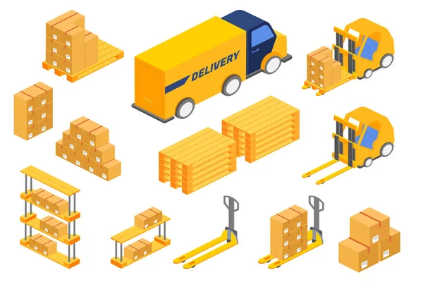 Isometrica varie scatole e veicoli da carico per il servizio di consegna . — Vettoriale Stock
