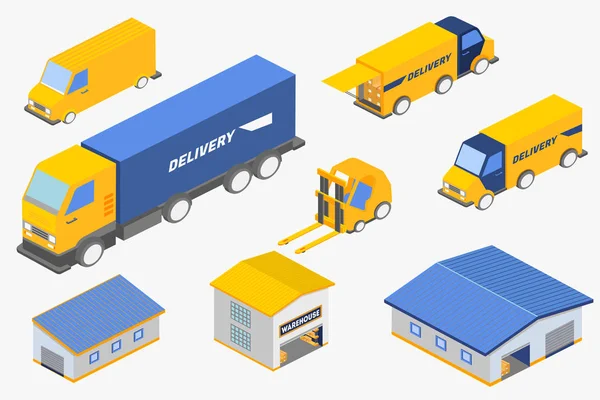 Serie di illustrazioni isometriche vettoriali di vari veicoli per il servizio di consegna ed edifici di magazzino . — Vettoriale Stock