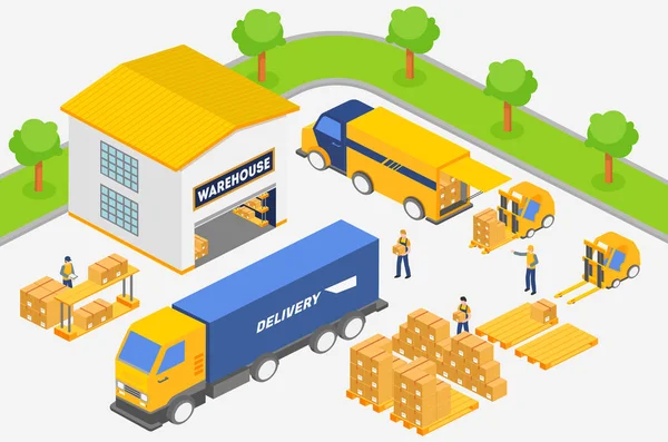 아이소메트릭 직원들은 창고에서 일하는 동안 배달 서비스의 트럭에 상자를 넣습니다. 운송 산업, 배송 및 물류 벡터 일러스트레이션. — 스톡 벡터