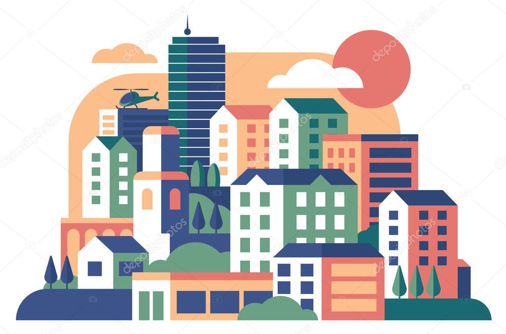 City buildings cute landscape flat vector illustration