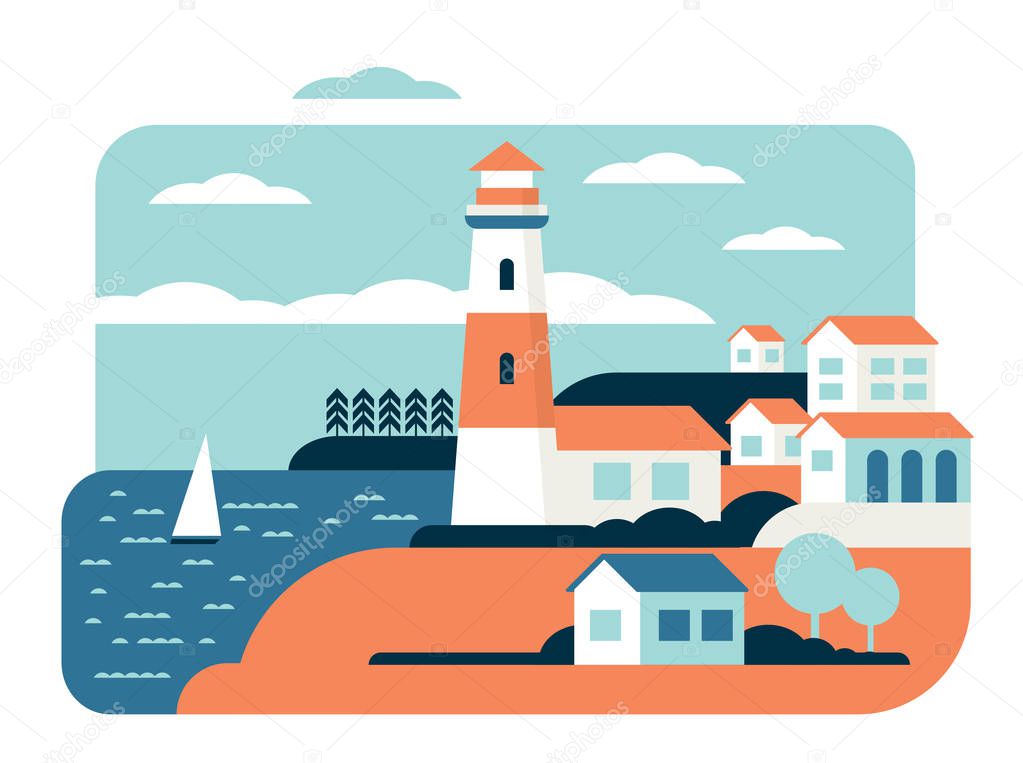 Lighthouse wonderful ocean landscape flat vector illustration