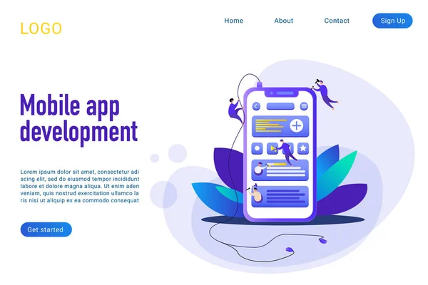 Desarrollo de aplicaciones móviles landing page plantilla de vector isométrico — Archivo Imágenes Vectoriales
