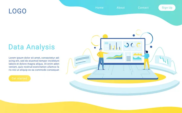 Web Analytics bestemmingspagina vector sjabloon. Ontwerp lay-out voor Big data-analyse website. Mensen met een laptop grafiek en grafieken. Bruikbaarheid testen en gebruikerservaring 2D concept illustratie. — Stockvector