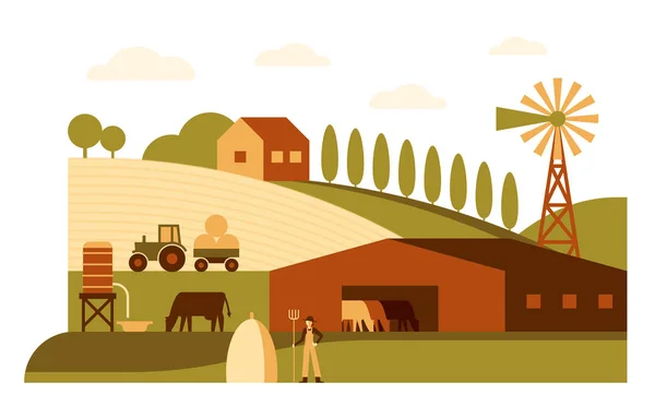 Landwirtschaft, Bauernhof Cartoon Landschaft flache Vektor Illustration — Stockvektor