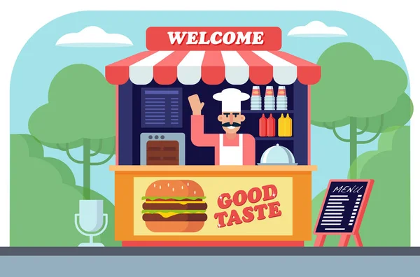 Comida rápida kiosco al aire libre plana vector ilustración — Vector de stock