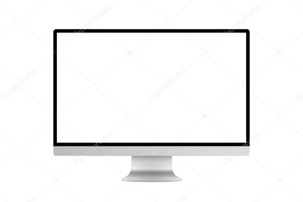 Modern design of realistic monitor screen mockup. Trendy thin frame display in silver metal body vector illustration.