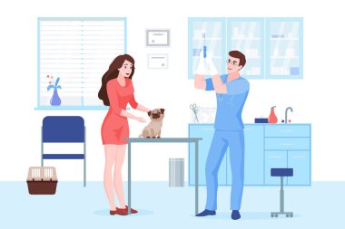 Gazi kliniği düz vektör illüstrasyonunu ziyaret etti. Pug ve veteriner çizgi film karakterleri olan neşeli genç bir kadın. Evcil hayvan tedavisi, hayvan aşısı. Veteriner hastanesi, tıbbi servis..