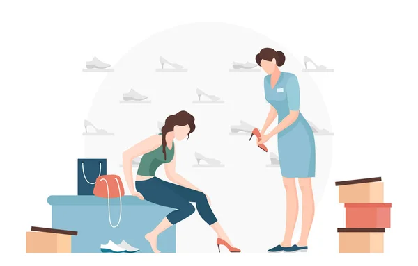Femme essayant chaussures plat vecteur illustration — Image vectorielle