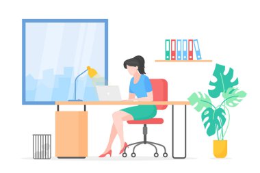 Dizüstü bilgisayarlı düz vektör çizimi yapan kadın. Sekreter, öğrenci eğitimi, serbest çizgi film karakteri. Uzaktan çalışma, serbest çalışma, internet sörfü, online eğitim. Ofis çalışma alanı, işyeri.