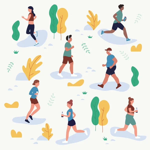 사람들은 공원 벡터로 달리기도 하고, 만화에 나오는 평범 한 여자가 마라톤에 나가기도 하고 거리에서 뛰기도 합니다. — 스톡 벡터