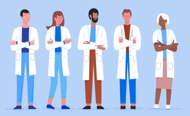 Doktor insanlar kollarını göğüs vektör illüstrasyon setinin üzerine bağlarlar. Çizgi film çeşitliliği düz erkek kadın profesyonel hastane personeli, birlikte duran doktor karakterleri.