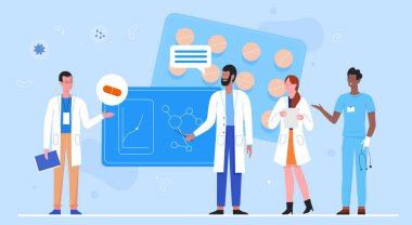 Doktor araştırmacı ekip vektör çizimi, çizgi film düz bilim adamı karakterleri araştırma eğitim merkezinde çalışıyor, tıp eczacıları çalışıyor.
