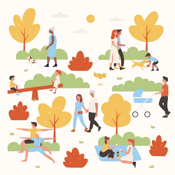 La gente se relaja en la ilustración del vector del parque, dibujos animados mujer plana hombre pareja personajes o familia con niños divertirse en el parque de la ciudad de verano aislado en blanco — Archivo Imágenes Vectoriales