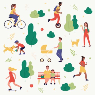 Summer Park konsepti açık hava aktivite vektör çizimi, çizgi film düz aktif insanlar şehir parkında birlikte vakit geçiriyorlar, çocuklarla yürüyorlar, köpeklerle oynuyorlar, bisiklete biniyorlar, izole edilmiş uçan kaykay sürüyorlar.