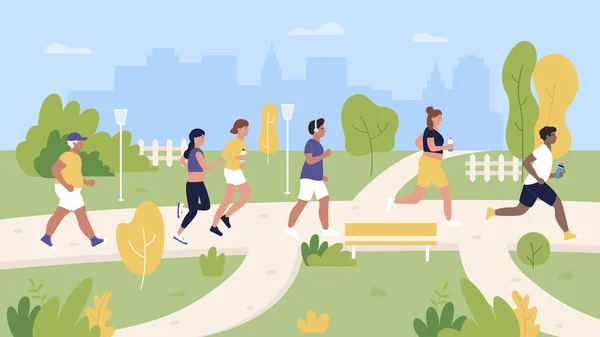 Mensen hardlopers joggen in het stadspark vector illustratie, cartoon platte vrouw man jogger karakters nemen deel aan marathon, training en hardlopen — Stockvector