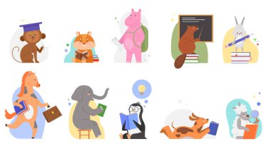 Hayvanlar okul vektör illüstrasyonlarında çalışır, çizgi film düz şirin hayvanat bahçesi çocuk karakterleri kitap okur, alfabe öğrenme seti beyazlar arasında izole edilir.