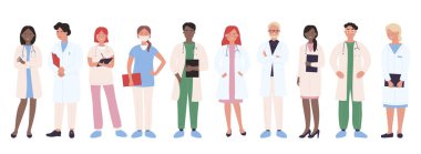 Doktor insanlar vektör illüstrasyonu, karikatürist kadın doktor karakterleri, profesyonel hastane çalışanları ekibi beyazlar içinde izole edilmiş.
