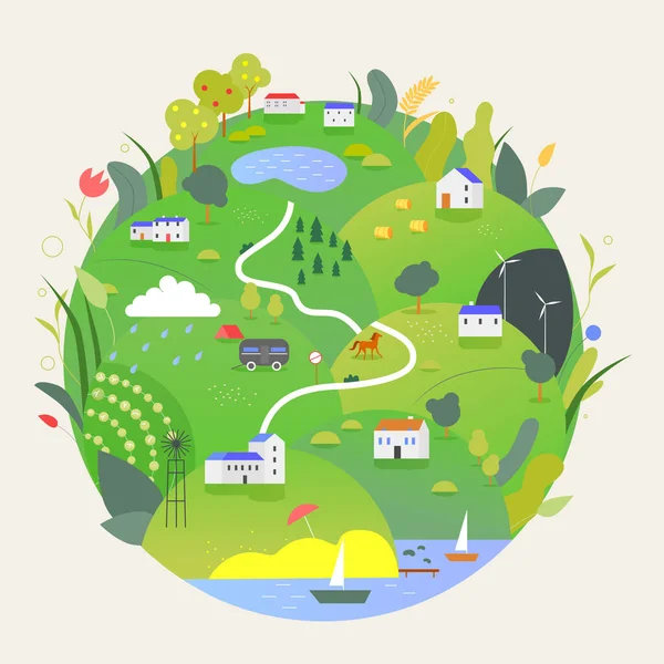 Verano Tierra planeta vector ilustración, dibujos animados globo verde plano con paisaje rural de tierras de cultivo ecológico veraniego, Día de la Tierra aislado en blanco — Vector de stock