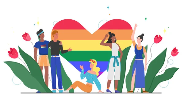 LGBT trots regenboog hart concept vector illustratie, cartoon platte gelukkig LGBT gemeenschap diversiteit mensen staan samen met regenboog hart — Stockvector