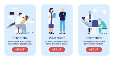 Hastane departmanı vektör illüstrasyon tasarım pankartı. Doktor virüs uzmanı, diş hekimi sağlık hizmetleri, doğum bakımı...