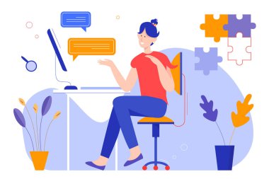 Sohbet mesajları vektör illüstrasyonu, çizgi film düz mutlu genç kız karakter masada oturan, sohbet eden sms baloncuklar, başınızın üzerinde yapboz parçaları