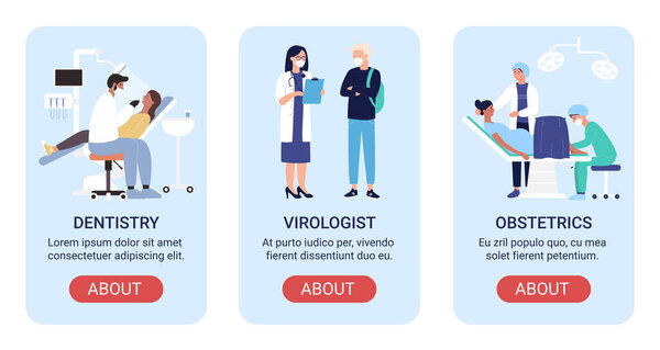 Набор баннеров для векторного оформления больничного отделения с врачом-вирусологом, стоматологическим обслуживанием зубов, акушерской медицинской помощью