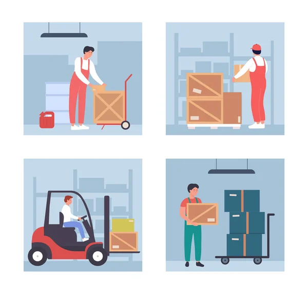 Armazém carregador trabalho vetor ilustração conjunto com trabalhadores que trabalham no armazém de armazenamento por atacado, processo de armazenamento isolado no branco —  Vetores de Stock
