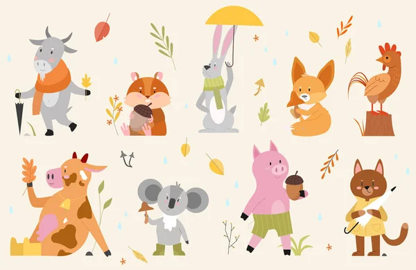 Herfst dieren vector illustratie set, cartoon met de hand getekend herfstbos collectie met schattige dieren personages genieten van het najaar — Stockvector