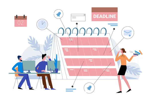 Prazo em trabalho ilustração vetorial, desenhos animados pessoas de negócios planas organizar o fluxo de trabalho, prazo de plano em calendário planejador de lembrete isolado em branco —  Vetores de Stock